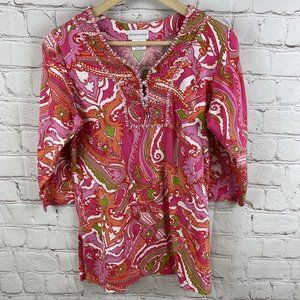 Soft Surroundings Tunic Top Women's Small Pink Printed Beaded Neckline Slit Side